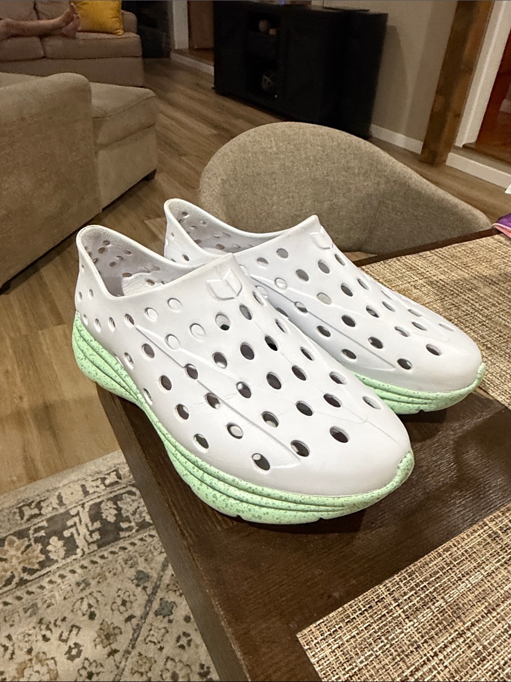 Perforated White Slip-On Mules with Mint Accent Sole